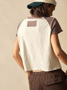 Bohemela Áo thun nữ tay ngắn Raglan dệt kim cổ điển họa tiết dấu hiệu hòa bình thường ngày - Màu be - Xem 7