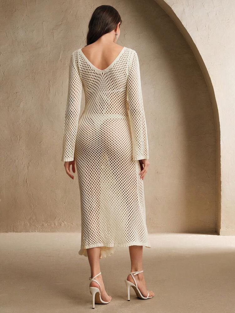 Summer Beach Vacation Long Sleeve Pleated 3D Wave Lace Hollow Out Cover Up Dress