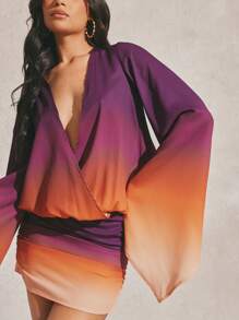 Hauture Ombre Surplice Plunge Neck Bell Sleeve Mini Dress - Multicolor - View 6