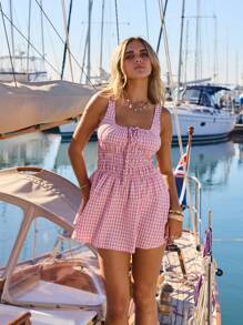 Aralina 女士格纹系带褶饰田园风夏季太阳裙迷你系带细节 - 紅色 - 查看 7