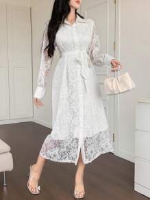 DAZY 1pc Women's Lace Collar Belted Mid-Length Solid Color Long Sleeve Dress,Fall Dress Maxi Dress - Beige - View 5