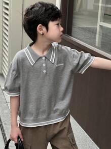 DAZY Kemeja Polo Lengan Pendek Bergaris Gaya Korea Kasual untuk Anak Laki-Laki Remaja, Cocok untuk Musim Panas, Pakaian Kembali ke Sekolah - Dark Grey - View 6