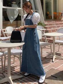 DAZY Vestito lungo, taglia oversize, in colore blu lavato, casual, adatto a tutte le stagioni