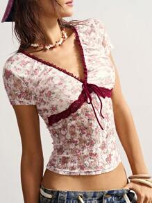 Bohemela 波西米亚风独立日花卉撞色领休闲针织V领短袖修身女式T恤