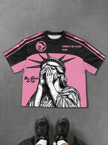 PAVTROS 男式字母与自由女神像图案圆领短袖休闲 T 恤