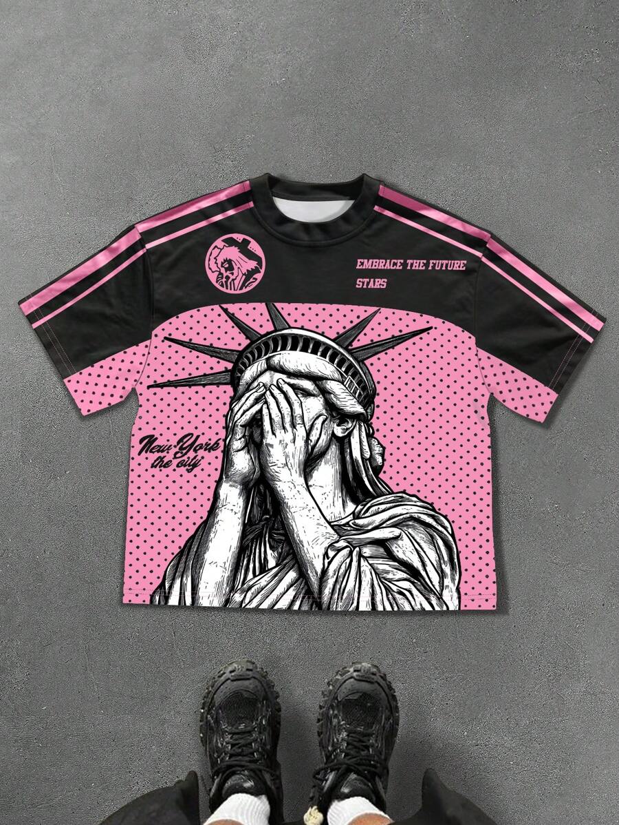 PAVTROS 男式字母与自由女神像图案圆领短袖休闲 T 恤