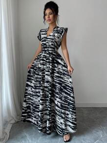 Chiquease Women's V-Neck Ruffle Sleeve Waist Cinched Dress - Black - View 3