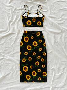 Soleia 女士休闲修身吊带背心和高开衩抽绳腰带裙套装，适合夏季、度假、向日葵和花卉印花 - 白色 - 查看 2