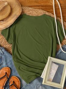 Chiquease 纯色简约心形印花女式 T 恤图案猎豹印花 T 恤女式上衣 - 橄欖綠 - 查看 2