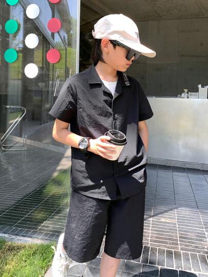 SHEIN 2 件套青少年男童休闲短袖衬衫和短裤套装，街头风格朋克摇滚学校派对日常服装，适合春夏季