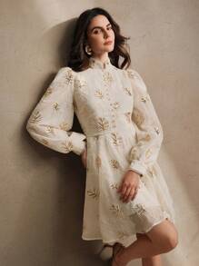 Anewsta Modern Champagne High-End Floral Mesh Network Elegant Sequin Long Sleeve Dress For Women, Festival, Resort Wear, Spring & Summer Outfits - Champagne - View 5