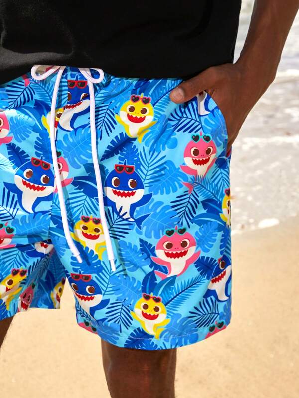 BABY SHARK X SHEIN Men's Casual Cartoon Printed Drawstring Waist Beach Shorts, Summer Holiday Style