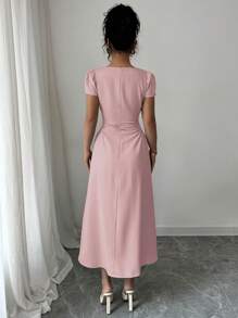 Elenzga Women's Elegant French Style Casual Commuting Vacation Afternoon Tea Solid Color Square Collar Waist Slimming Chic Puff Sleeve Mid-Calf Length Dress, Spring & Summer