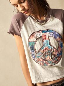 Bohemela Áo thun nữ tay ngắn Raglan dệt kim cổ điển họa tiết dấu hiệu hòa bình thường ngày - Màu be - Xem 1