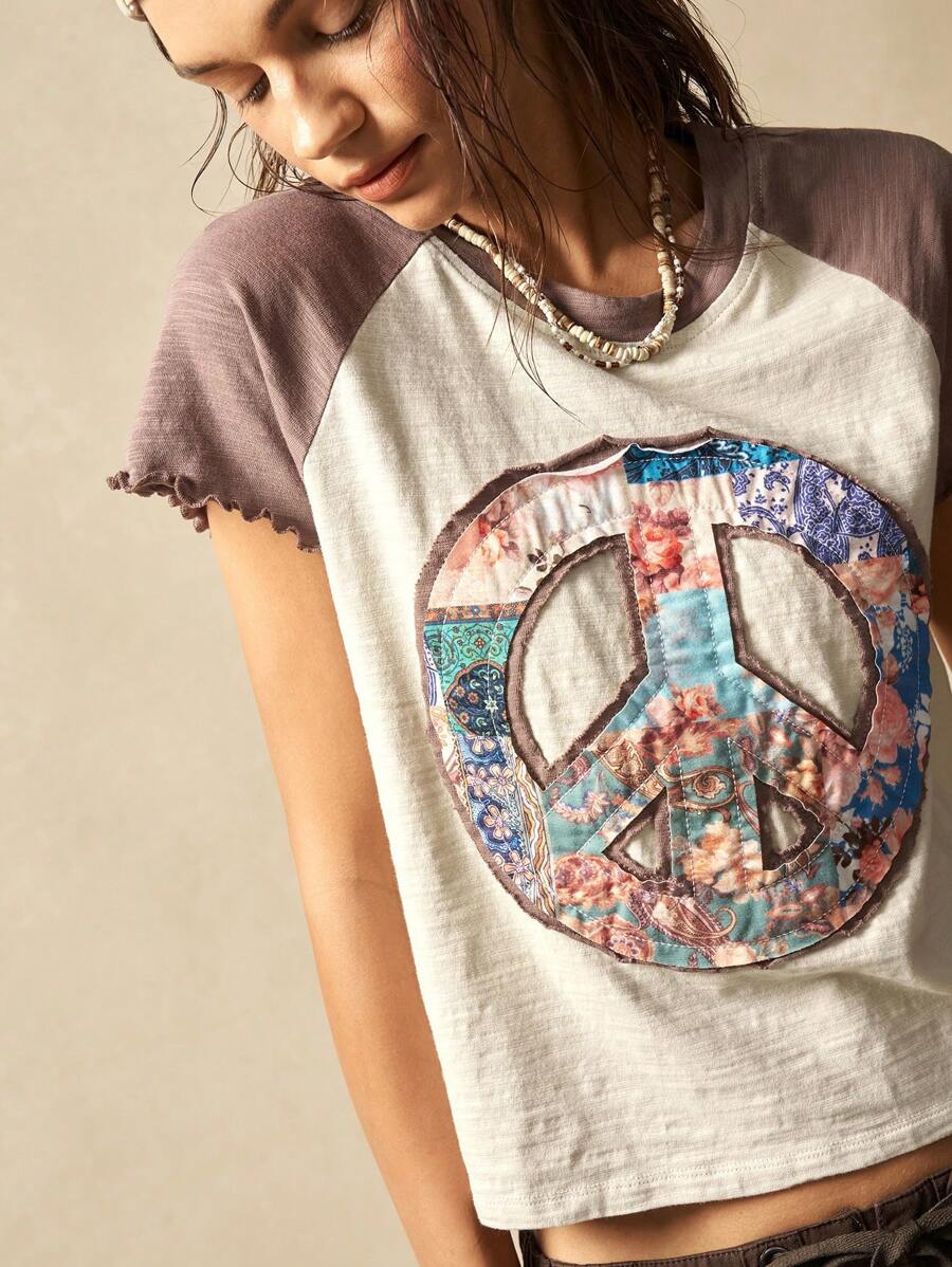Bohemela Áo thun nữ tay ngắn Raglan dệt kim cổ điển họa tiết dấu hiệu hòa bình thường ngày - Màu be - Xem 1