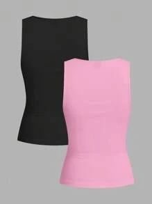Slaydiva 2 pezzi set di canotte a costine aderenti con scollo a tacca arricciato, colore nero e rosa, adatti per l'estate