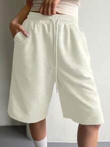 DAZY Women's Solid Color Elastic Waist Drawstring Shorts, Fashionable For Summer