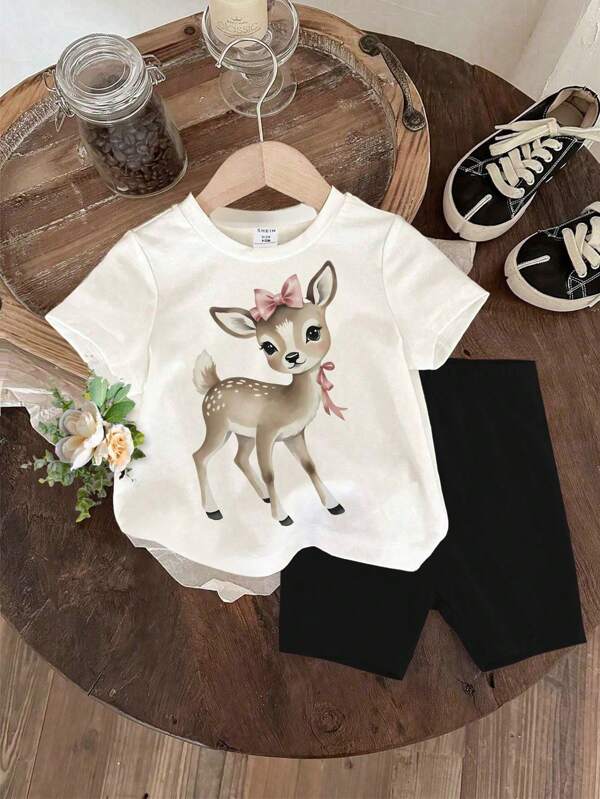 Baby Girl Deer Print Short Sleeve T-Shirt And Solid Color Shorts Casual Outfit Baby Clothes For Girls Kids Baby Clothes Baby Clothes Set Baby Clothing Set Brand Baby Clothes