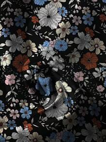 SHEIN LUNE Kemeja Kasual Lengan Pendek Leher Bulat Motif Bunga Kecil Ukuran Besar, Musim Panas - Hitam - View 4