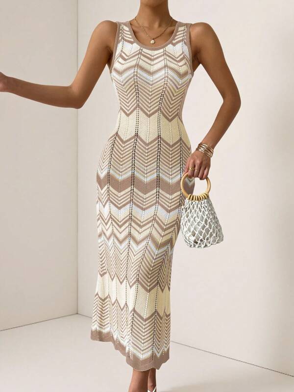 Vesra All-Over Pattern Contrast Color Crew Neck Elegant Sleeveless Sweater Dress