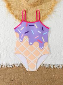 Tween Girls One-Piece Swimsuit With Ice Cream Print Pattern, Adjustable Straps Casual Beach Swimwear - Multicolor - View 6