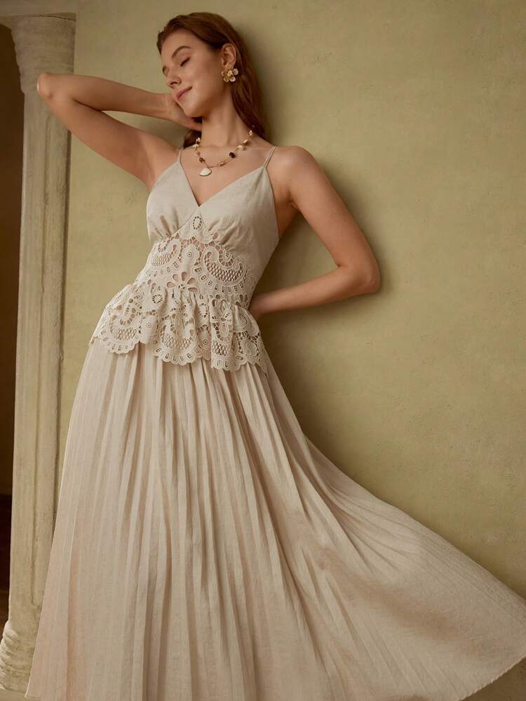 CONTRAST GUIPURE LACE PLEATED HEM CAMI DRESS