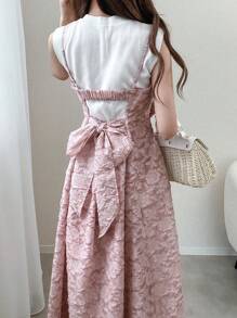 FRIFUL 女式露背系带蝴蝶结纹理面料连衣裙，无袖夏季假日连衣裙，生日/节日/海滩装 - 粉色 - 查看 2