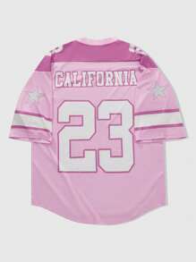 ROMWE MEN Prep Men's Casual Short Sleeve T-Shirt With Numeric Pattern And Ice Hockey Rhinestone Effect - Pink - View 2