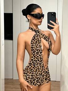 SHEIN ICON Mono casual y sexy de mujer con espalda descubierta y cuello anudado, con estampado de leopardo, adecuado para el verano