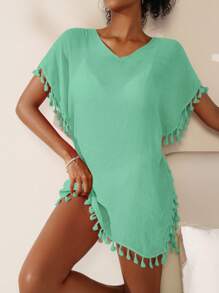 Swim Vcay Váy che phủ tua rua trang trí bãi biển cho nữ - màu xanh lá - Xem 3