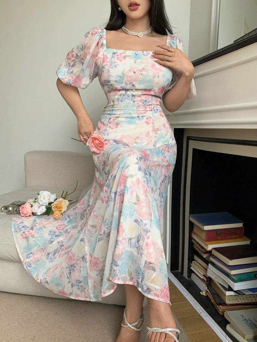 Feyla Damen Sommerkleid mit Blume Muster, quadratischem Ausschnitt, Puffärmeln und geraffter Taille, knielang