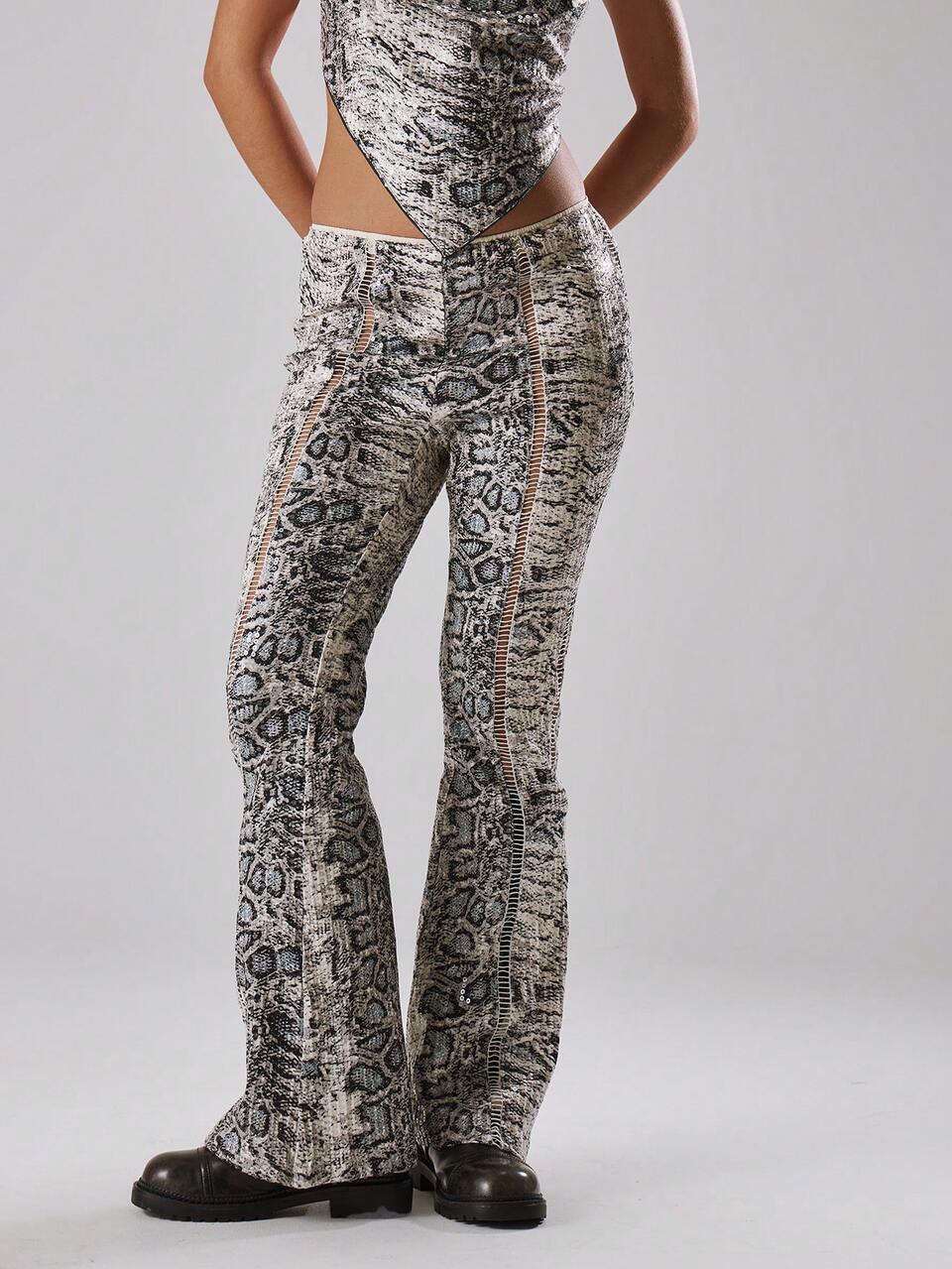 Distressed All Over Print Sequin Flare Trousers , Summer, Holiday, Vacation, Ibiza, Festival, Rave, Cool Girl, Shipwrecked Casual