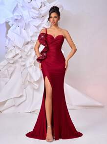 Glamrae 优雅亮片刺绣拼接弹力针织单肩V领荷叶边装饰性感开衩鱼尾下摆女式长款晚礼服 - 紅色 - 查看 4