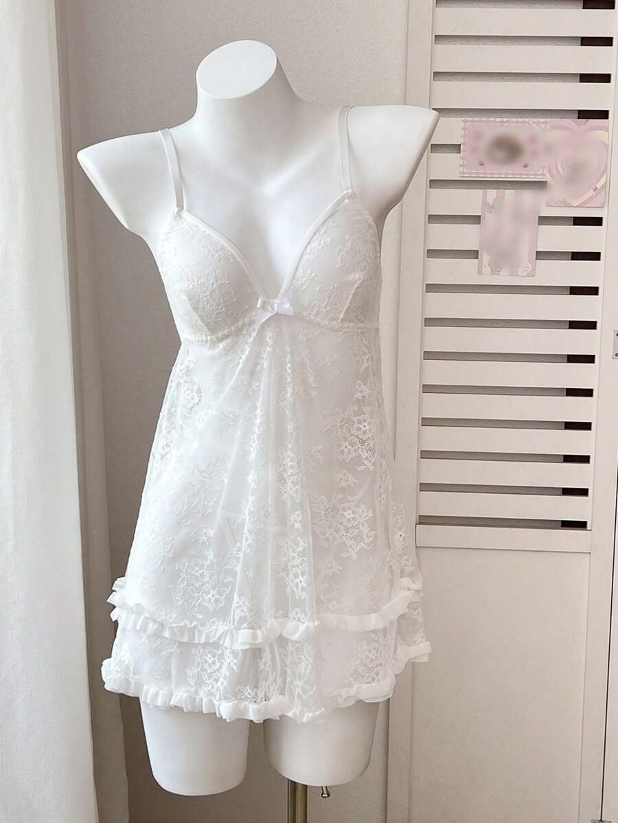 SHEIN 花卉蕾丝透明性感荷叶边浪漫女士性感睡衣 - 白色 - 查看 1