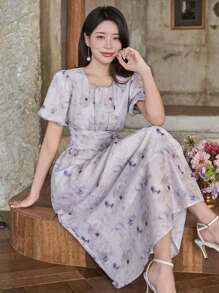 DAZY 1 件女士花卉印花褶皱泡泡袖中长连衣裙 - 粉色 - 查看 5