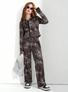 女童豹纹修身连帽开衫外套和阔腿裤两件套西装套装，春秋季时尚休闲街头服饰 - 彩色 - 查看 4