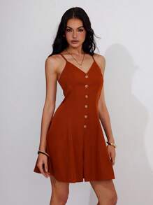 Roylia Women's Casual Solid Color Sleeveless Jumpsuit, Summer - Coffee Brown - View 3