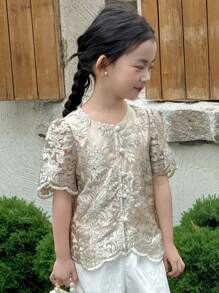 DAZY 女童圆领短袖刺绣T恤，夏季 - 卡其色 - 查看 1