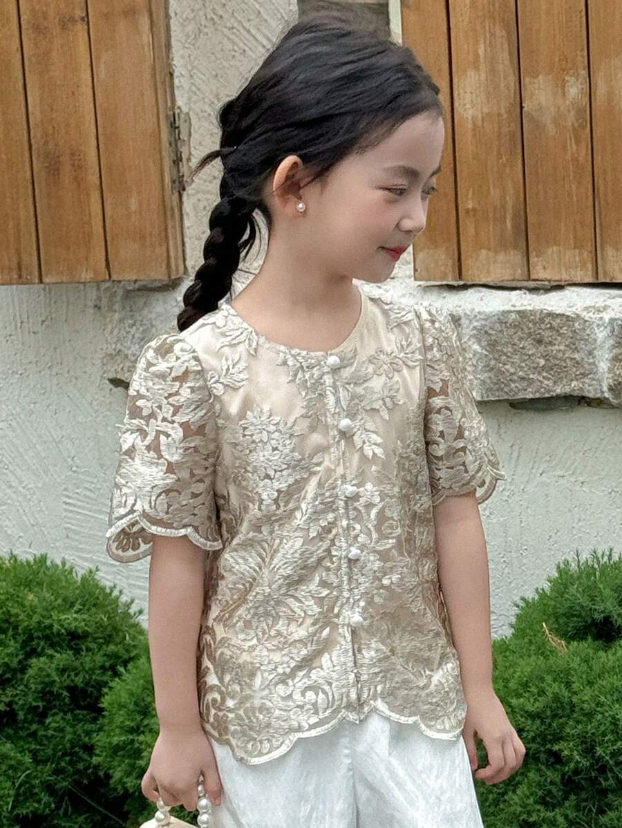 DAZY 女童圆领短袖刺绣T恤，夏季 - 卡其色 - 查看 1