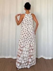 Islaluna Women's Elegant Floral Print Patchwork Ruffle Hem Dress, Summer