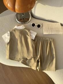 Set da 2 pezzi moda per bimbi maschi: Gilet monopetto kaki con fiocco rimovibile, tasche decorative e pantaloncini casual, stile elegante adatto per festa di compleanno, evento, matrimonio, festa di nascità