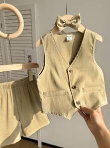 Set da 2 pezzi moda per bimbi maschi: Gilet monopetto kaki con fiocco rimovibile, tasche decorative e pantaloncini casual, stile elegante adatto per festa di compleanno, evento, matrimonio, festa di nascità