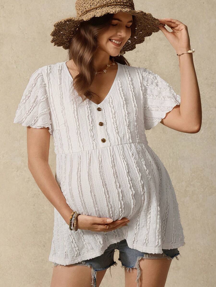 Boho Mama Solid Color V-Neck Front Button Decorated Maternity T-Shirt Boho, Bohemia Ruffle Vacation Summer - White - View 1