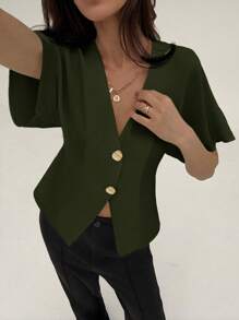 Aloruh Elegant Bat Wing Sleeve Double-Breasted Buttoned Solid Color Casual Shirt - Army Green - View 3