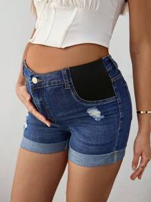 SHEIN Pantalones cortos vaqueros elásticos de maternidad, azules, ajuste ceñido informal