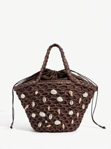 SHEIN SXY 女士手提包，时尚，优雅，简约，个性，多功能，草编包，贝壳，海螺，适合海滩，度假，节日，夏季，海边 - 咖啡棕 - 查看 3