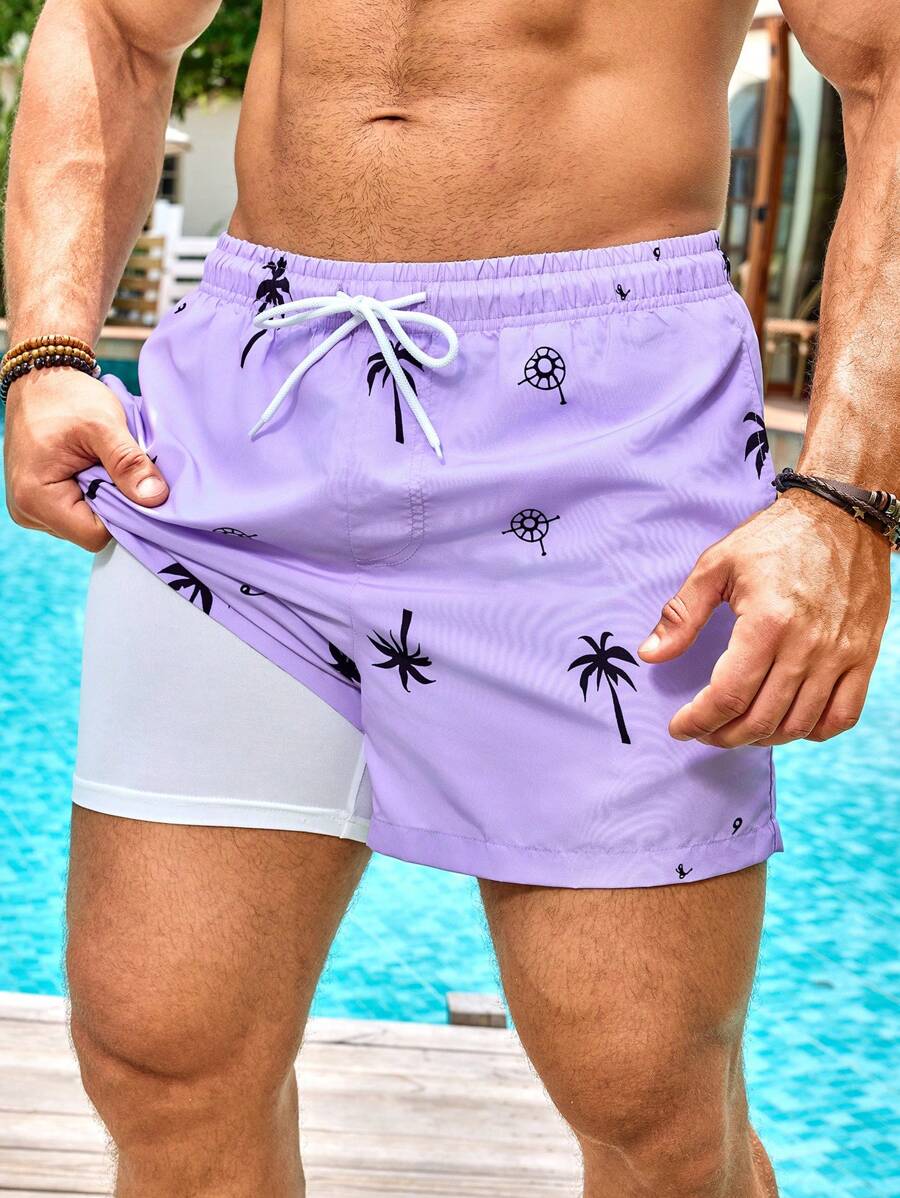 Manfinity Swimmode 男士夏威夷度假风印花沙滩短裤 - 淡紫色 - 查看 1