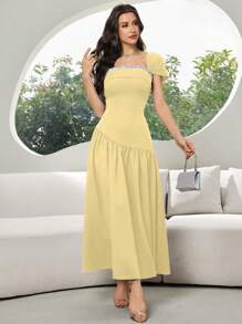 Modelyn Women's Elegant Party Square Neck Rhinestone Waist Dress - Yellow - View 4