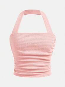 Girlism Teen Girl Light Pink Summer Casual Holiday 2-Piece Set Pleated Texture Cropped Halter Top And Wide Leg Pants,Apricot Solid Color Outfit For Outings - Pink - View 7