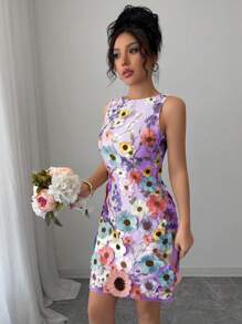 Rafferiza 女士圆领无袖优雅花卉印花修身迷你连衣裙 - 紫色 - 查看 3
